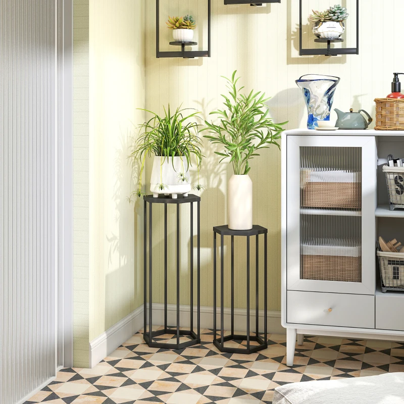 Outsunny Lot de 2 supports pour plantes, tabouret à fleurs hexagonal en métal, intérieur et extérieur, noir