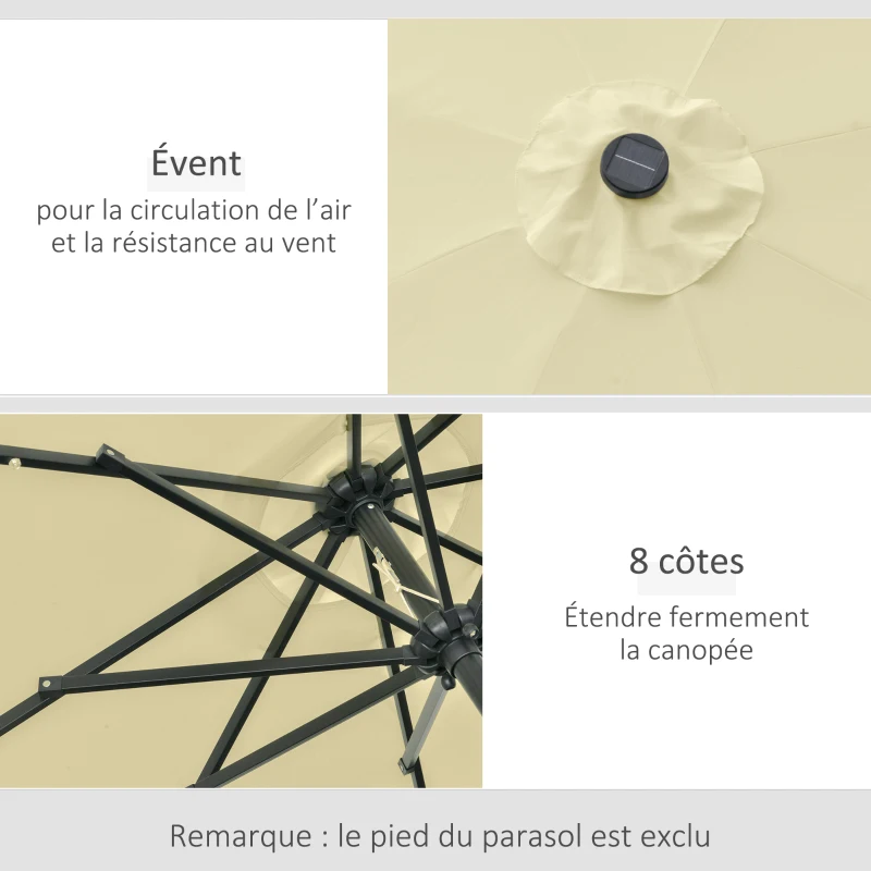 Outsunny Parasol de Jardin Extérieur Rond Ø 265 cm, Lumières LED Solaires, Manivelle Inclinable, Mât en Acier, 8 Baleines, Beige
