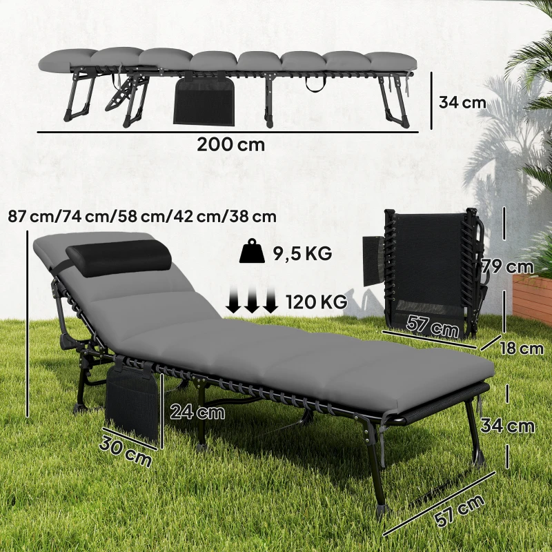 Outsunny Chaise longue jardin extérieur, Bain de soleil Pliable, dossier inclinable sur 5 positions, 200 x 57 x 38 cm, gris Foncé