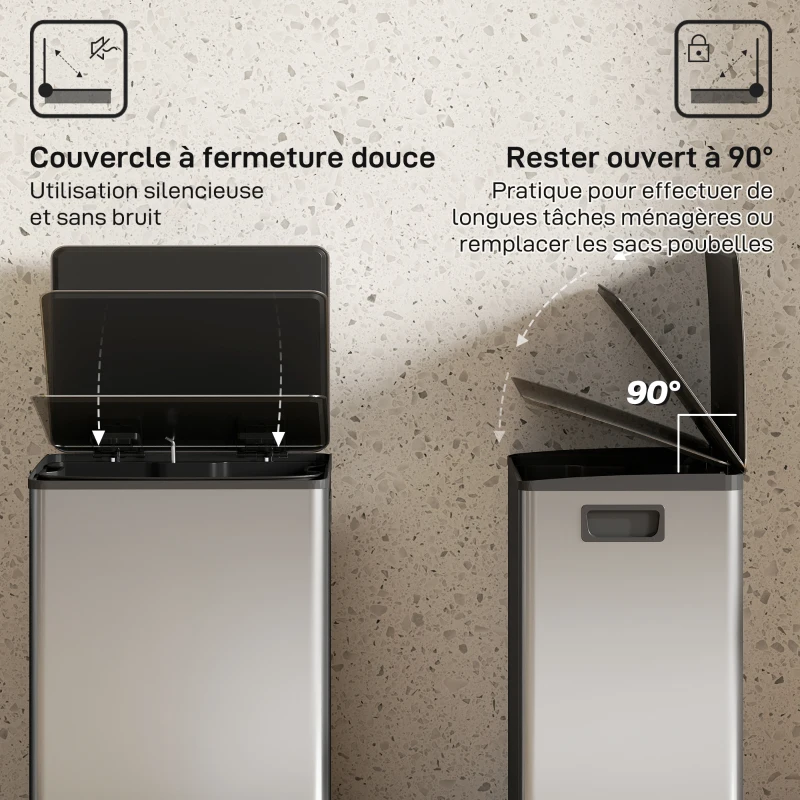 HOMCOM Poubelle cuisine 50L, poubelle à pédale, seau intérieur amovible, couvercle à fermeture douce, 41,7x36,6x62cm, argent