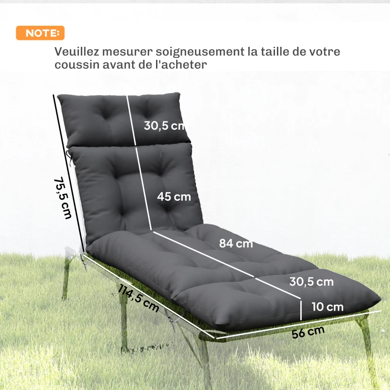 Outsunny Lot de 2 coussins de chaise longue coussin bain de soleil épais, confortable - 6 attaches, 190 x 56 x 10 cm, gris foncé