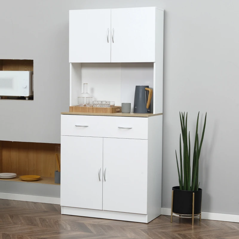 HOMCOM Buffet haut cuisine, armoire de cuisine, 4 portes, tiroir, plan de travail et étagères réglables, 80x40x180cm, blanc(m-10)