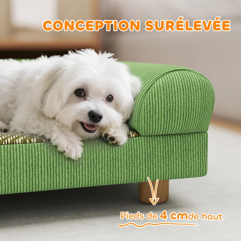 PawHut Canapé pour chien chat lit pour chien surélevé, assise de tapis frais, accoudoirs, en velours doux 63 x 41 x 17 cm, vert