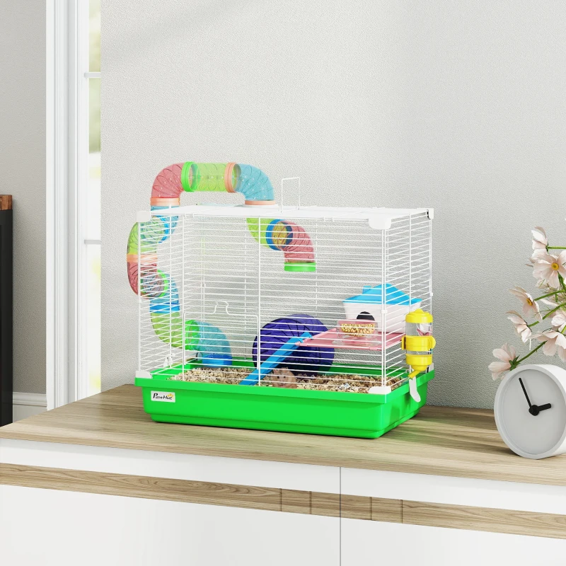 PawHut Cage à hamster rongeur 2 niveaux avec tunnel, biberon eau, roue, maisonnette, échelles 46 x 30 x 37 cm vert
