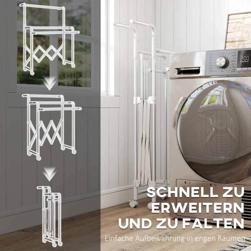 HOMCOM Wäscheständer, Faltbarer Standtrockner mit 3 verstellbaren Stangen, Edelstahl Turmwäscheständer auf Rollen, Wäscheturm Wäschetrockner für Innen und Außen