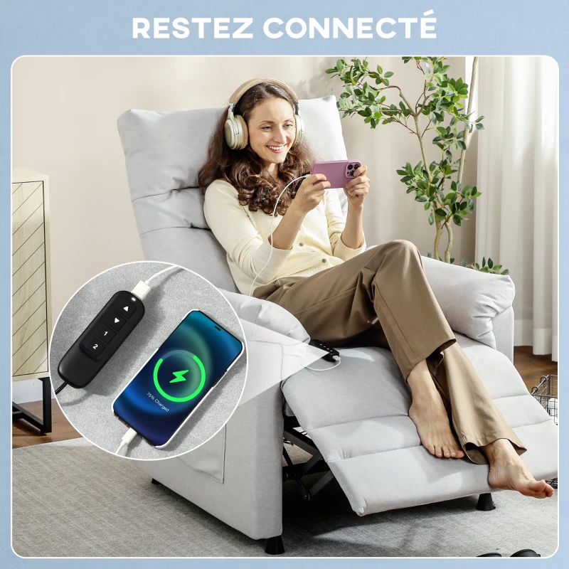 HOMCOM Fauteuil relax électrique massant et chauffant, fauteuil inclinable, repose-pieds, moteur silencieux, 82x99x106cm, gris