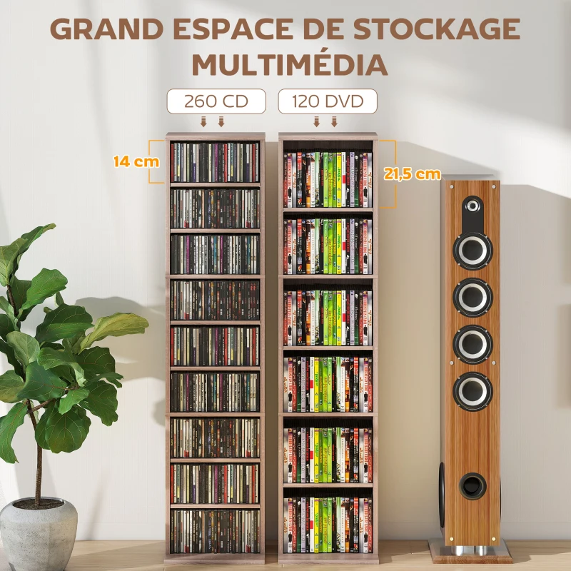 HOMCOM Rangements pour CD et DVD 9 compartiments et 6 étagères réglables capacité max. 260 CD/120 DVD 33 x 24 x 140 cm bois naturel