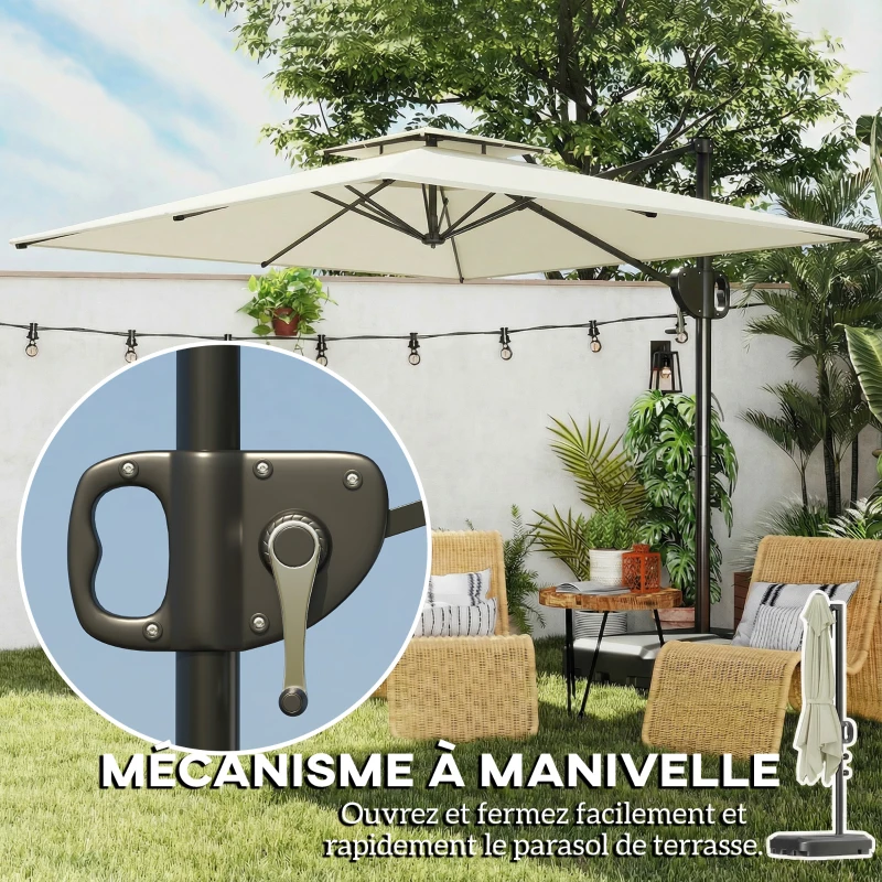 Outsunny Parasol déporté carré 2,5 x 2,5 m, parasol de jardin extérieur, Double Toit, inclinable, 2 bases, manivelle, Crème