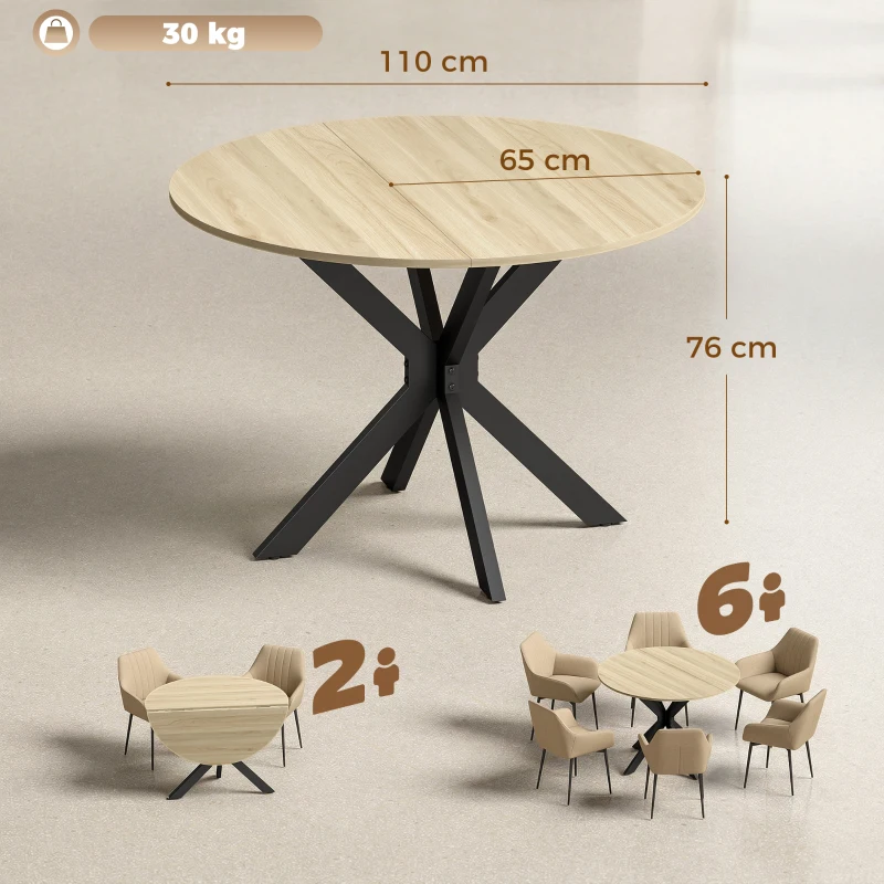 HOMCOM Runder klappbarer Küchentisch für 2–6 Personen mit klappbarem Flügel Stahlgestell Doppel-X Ø110x76 cm Natur