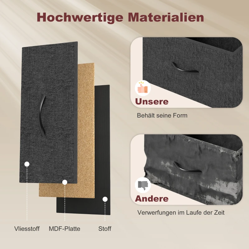 HOMCOM Kommode mit 8 Stoffschubladen, Stahlrahmen, Ladestation, Rustikal-Braun+Schwarz