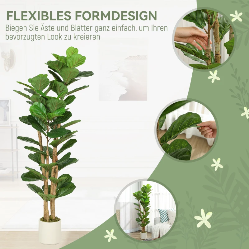 HOMCOM Künstlicher Geigenfeigenbaum Kunstpflanze mit 71 Blättern, Massivholzstamm, Topf, 50 x 50 x 150 cm, Grün