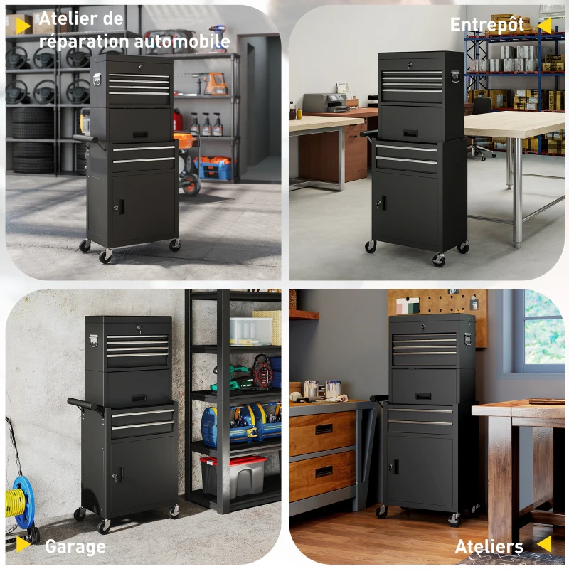 HOMCOM Servante d'atelier en acier verrouillable, chariot à outils sur roulettes 3 en 1 avec 6 tiroirs et panneau perforé, noir