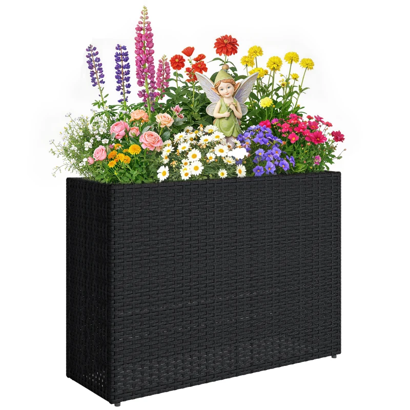 Outsunny Jardinière surélevée en résine tressée, support de fleurs avec bac amovible et pieds réglables, cadre en acier, noir