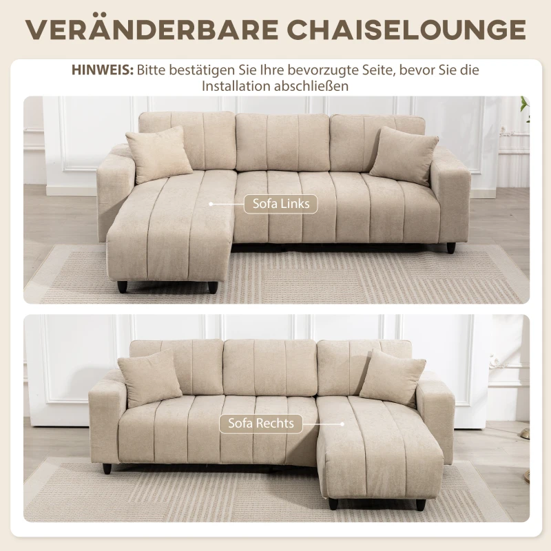HOMCOM L-förmiges Ecksofa mit flexibler Chaiselongue, 3-Sitzer-Couch mit 2 Kissen, Metallrahmen, für Wohnzimmer, Beige