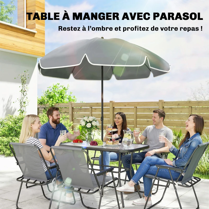 Outsunny Salon de jardin extérieur 8 pièces, table de jardin extérieure 6 chaises Pliantes parasol plateau en Verre Trempé, Gris