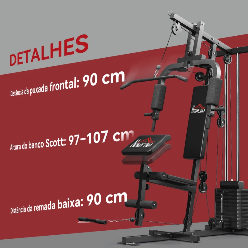 HOMCOM Máquina de Musculação com Pesos Ajustáveis de 65 kg Press de Peito e Pernas, Polia 135x103x210 cm Preto