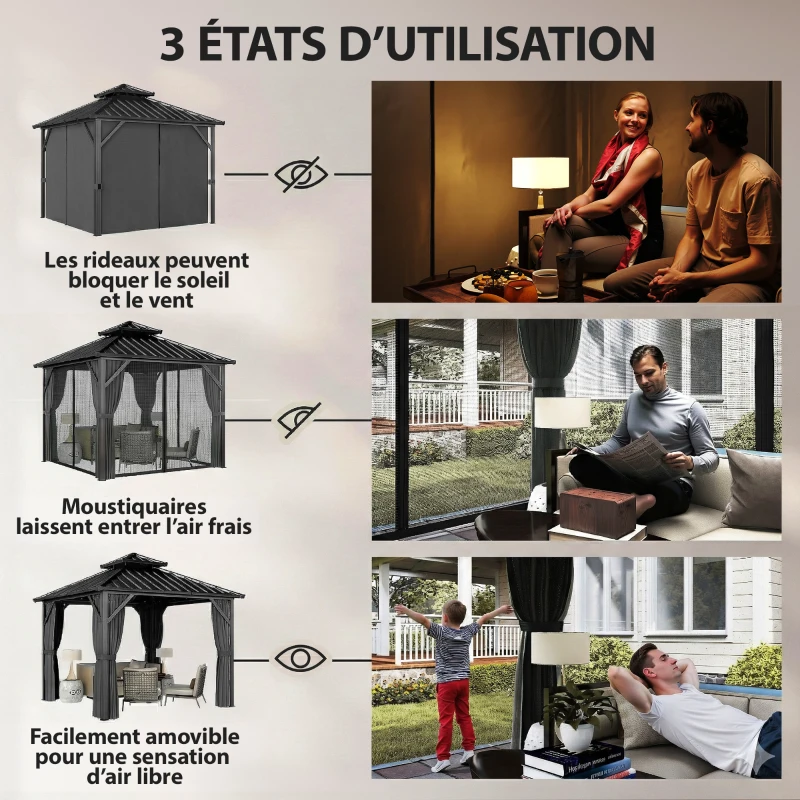 Outsunny Pavillon 3 x 3 m à toit rigide avec cadre en aluminium et toit double en acier galvanisé, gris foncé