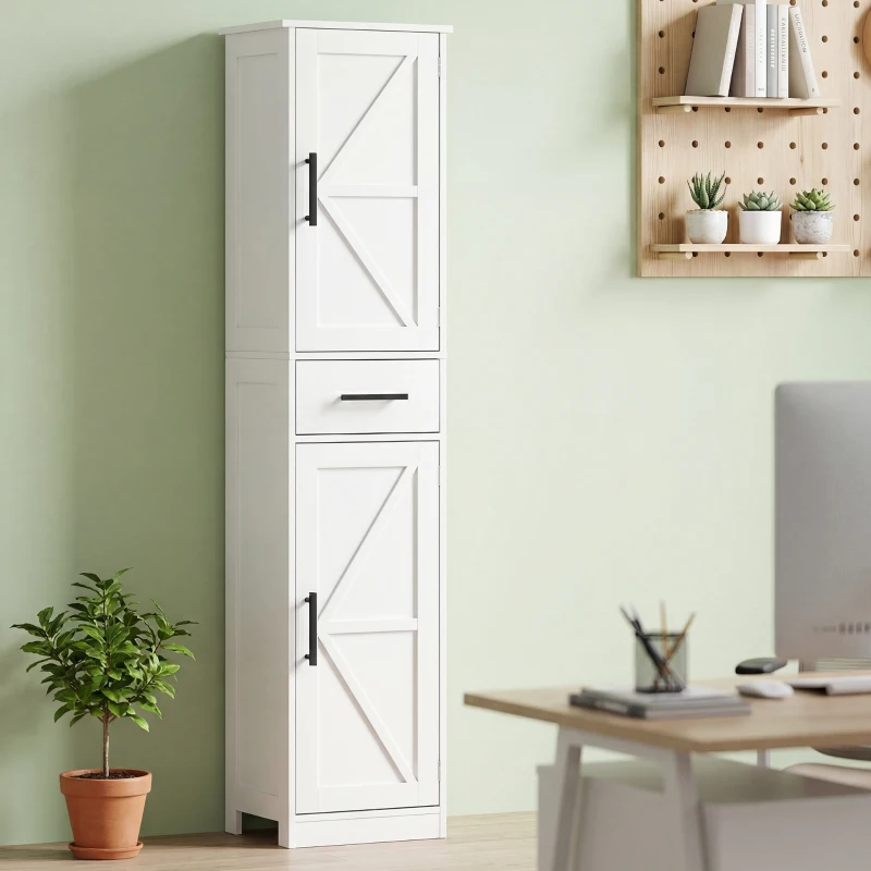 HOMCOM Armario Alto de Baño Estrecho con 2 Puertas 1 Cajón y 2 Estantes Ajustables Estilo Rústico 40x30x170 cm Blanco