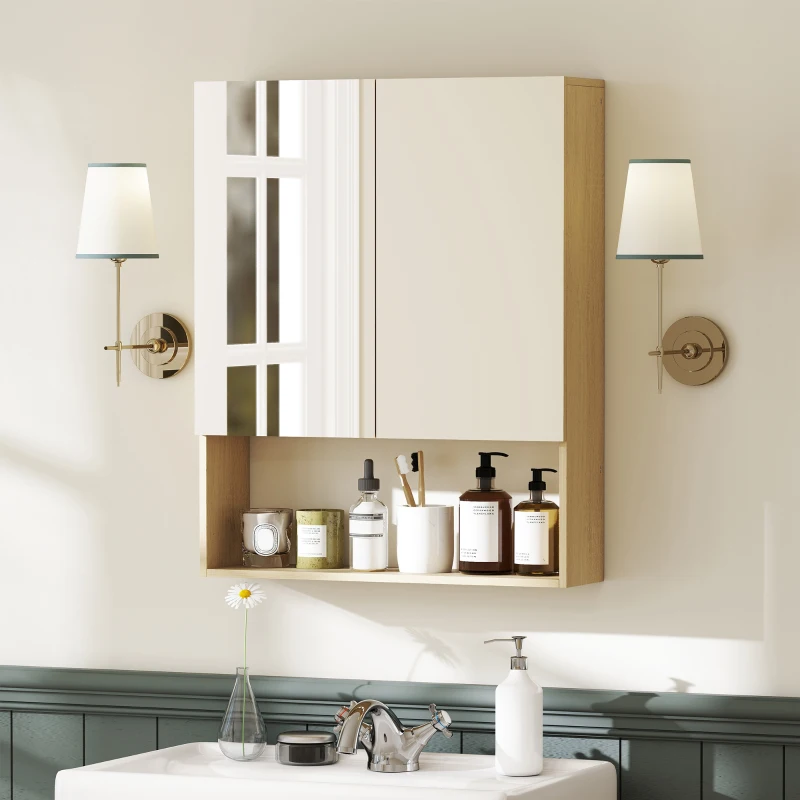 HOMCOM Badezimmerschrank, Spiegeltüren, offenes Regal, Wandmontage, MDF, Spanplatte, Eiche