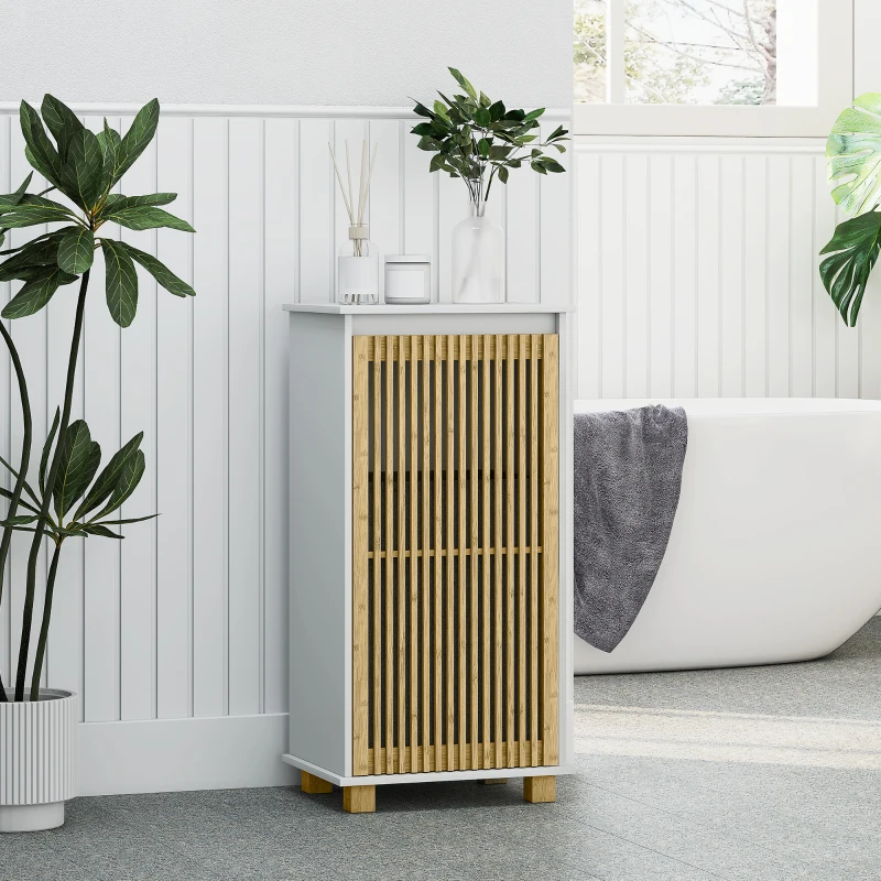 HOMCOM Meuble salle de bain avec panier à linge, porte à lattes en bambou et sac amovible, blanc et effet bois naturel(m-10)