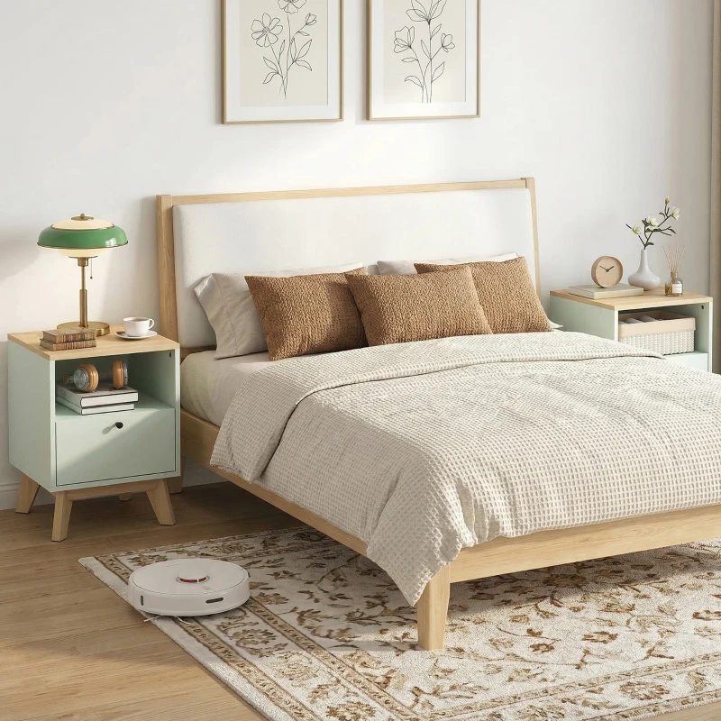 HOMCOM Set de 2 noptiere, noptiere cu sertar și compartiment deschis, 40 x 40 x 55 cm, stejar și verde deschis