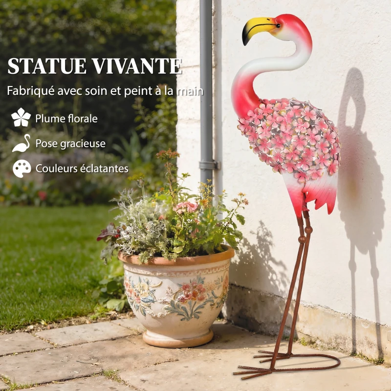 Outsunny Statue de Jardin Flamant Rose, Sculpture d'Oiseau en Métal avec Plumes Florales, 28 x 19 x 83 cm, Rouge