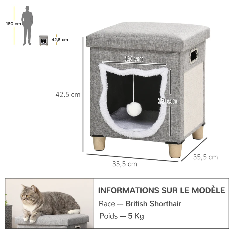 PawHut Niche chat interieur maison chat interieur 2 en 1 pied en bois coussin amovible lavable balle, 35,5x35,5x42,5cm, gris