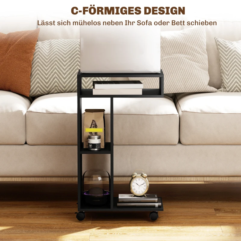 HOMCOM Beistelltisch, C-förmiger Servierwagen, 4 Rollen, 3 Fächer, 40 x 30 x 69 cm, Schwarz