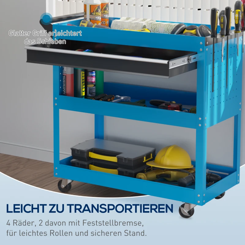 HOMCOM Werkzeugkoffer Werkzeugtrolley Werkzeugbox, 3 Ebenen, 4 Rollen, 82 cm x 35 cm x 76 cm, Blau