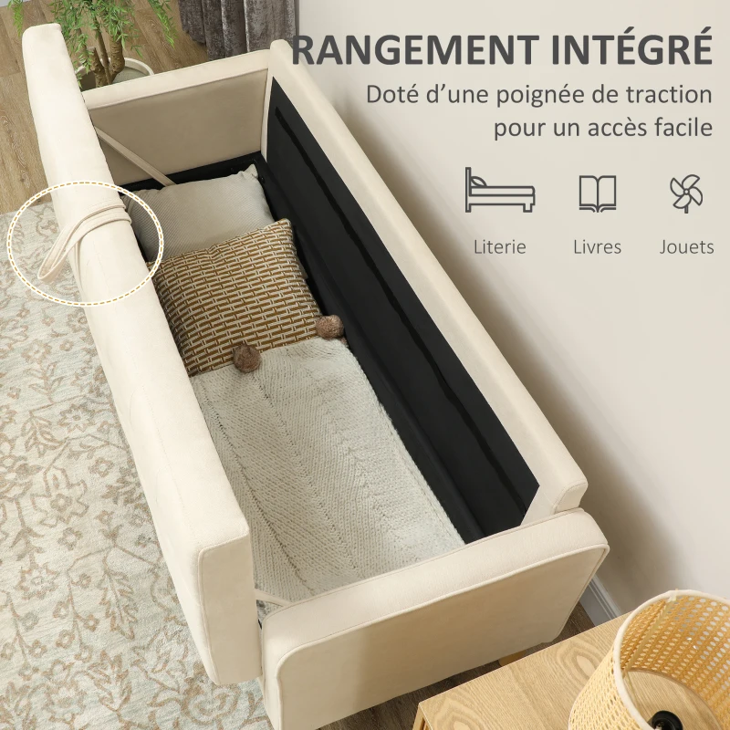 HOMCOM Canapé 3 places en flanelle de neige, canapé moderne avec rangement caché, dossier capitonné, 166,5 x 62 x 82 cm, crème