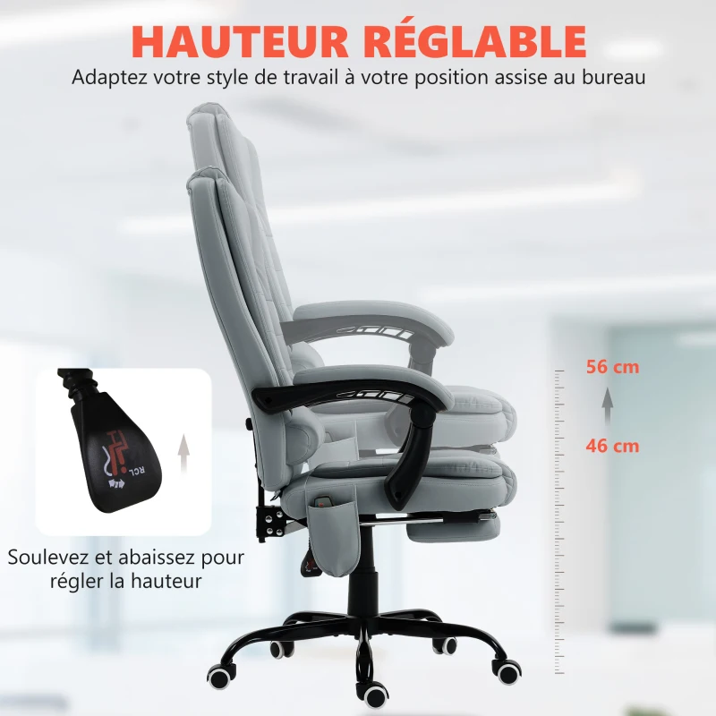 Vinsetto Fauteuil de bureau massant, chaise de bureau avec hauteur réglable, dossier inclinable et télécommande filaire, gris