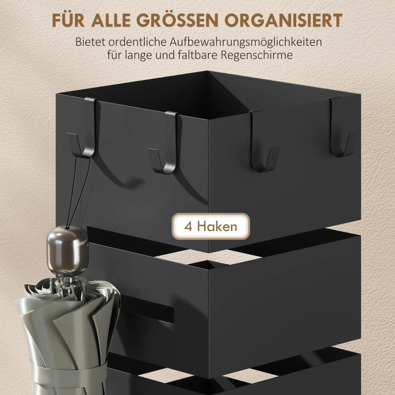 HOMCOM Regenschirmhalter, Metallständer für Schirme, Freistehender Schirmständer mit Haken und Tropfschale, Platz für 8 Schirme, Schwarz