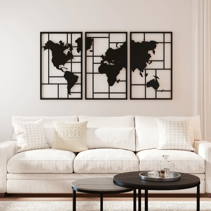 HOMCOM Wanddeko Metall 3 Stück Wanddekoration Weltkarte Wandkunst für Wohnzimmer Schlafzimmer Flur, 50 x 80 cm, Schwarz