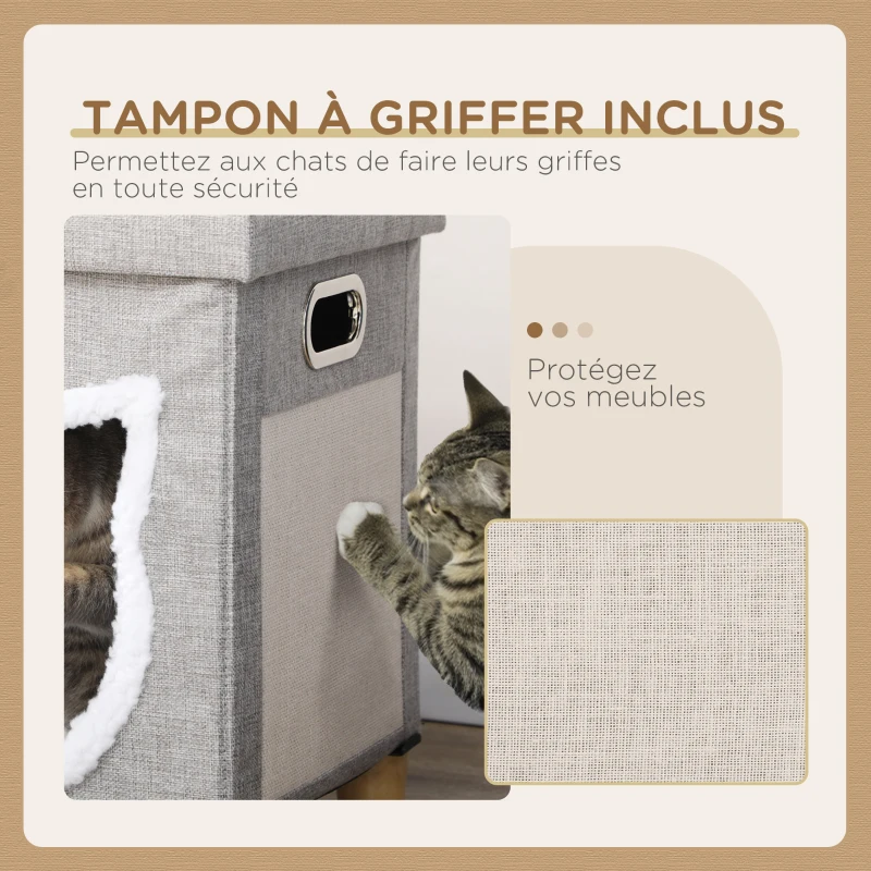 PawHut Niche chat interieur maison chat interieur 2 en 1 pied en bois coussin amovible lavable balle, 35,5x35,5x42,5cm, gris