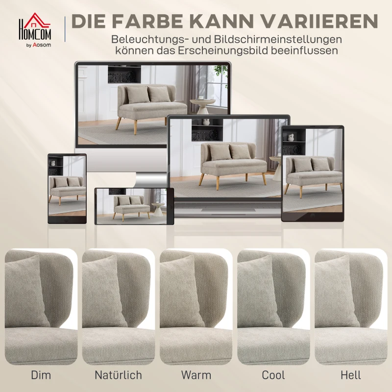 HOMCOM 2-Sitzer-Sofa, kleines Chenille-Sofa mit Flügelrücken, dickem Sitz, Gummibaumholzfüßen, Beige