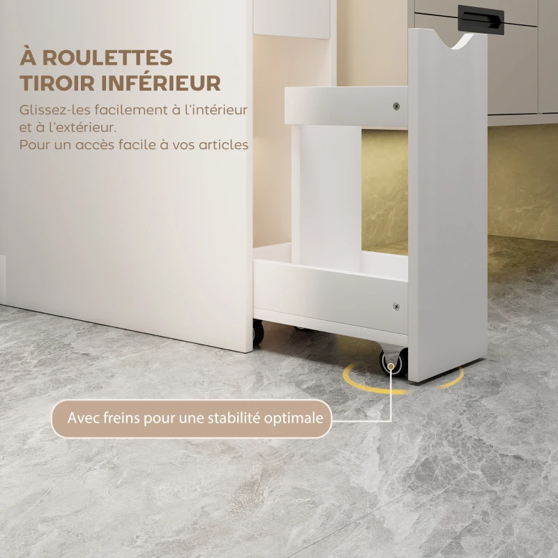 HOMCOM Meuble de salle de bain meuble de rangement avec tiroir sur roulettes, avec étagères ouvertes, 20 x 45 x 115 cm, blanc