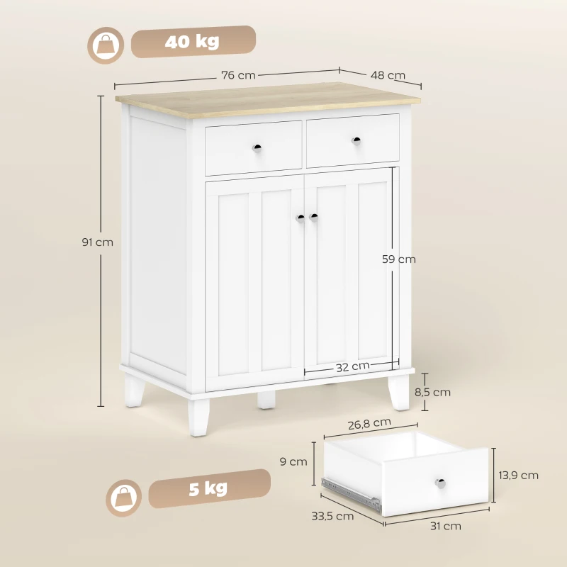 HOMCOM Buffet de cuisine meuble de rangement pour chambre, salon bureau avec 2 portes 2 tiroirs 76 x 48 x 91 cm blanc
