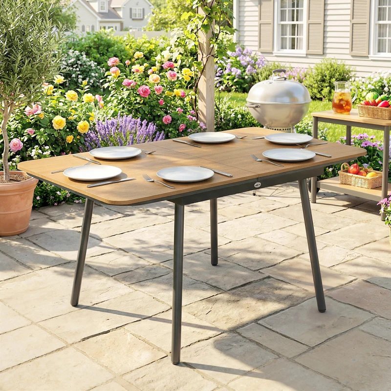 Outsunny Mesa de jardim 140 x 80 cm para 6 pessoas resistente à ferrugem Mesa de jantar exterior com tampo WPC Pés ajustáveis, Teca