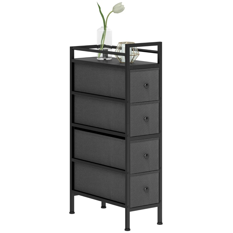 HOMCOM Kommode Schrank mit 4 Schubladen aus Vliesstoff Aufbewahrungsschrank mit Stahlrahmen, 20cm x 43cm x 81,5cm, Schwarz