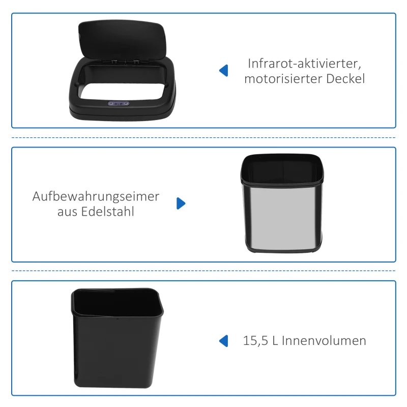 HOMCOM Sensor Mülleimer 20L Edelstahl Automatischer Mülleimer mit Bewegungssensor, Inneneimer 33 x 25 x 42,5 cm Silber+Schwarz