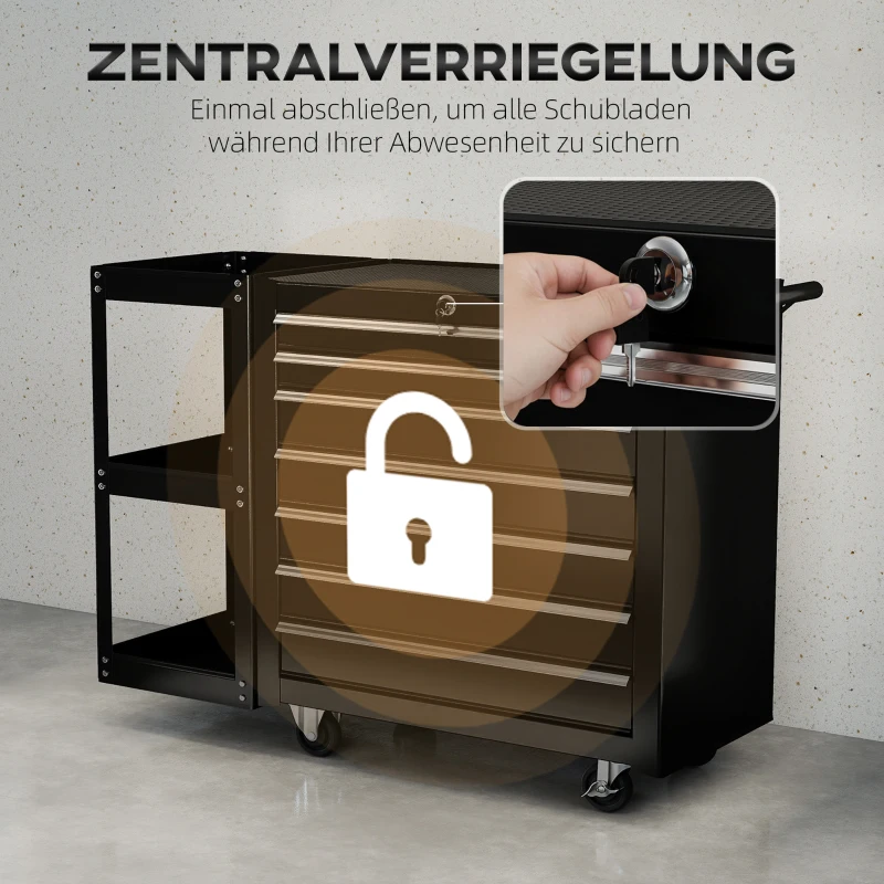HOMCOM Werkstattwagen Werkzeugwagen mit 7 Schubladen abnehmbar Seitenregal 4 Rollen mit Feststellbremse, 96x33,5x75cm, Schwarz