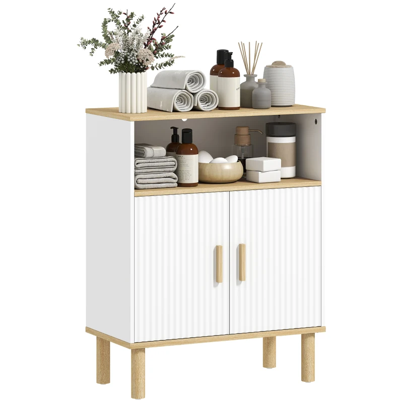 HOMCOM Meuble de salle de bain, meuble de rangement avec 2 portes, compartiment ouvert, étagère réglable, 60x29,5x76,5cm, blanc