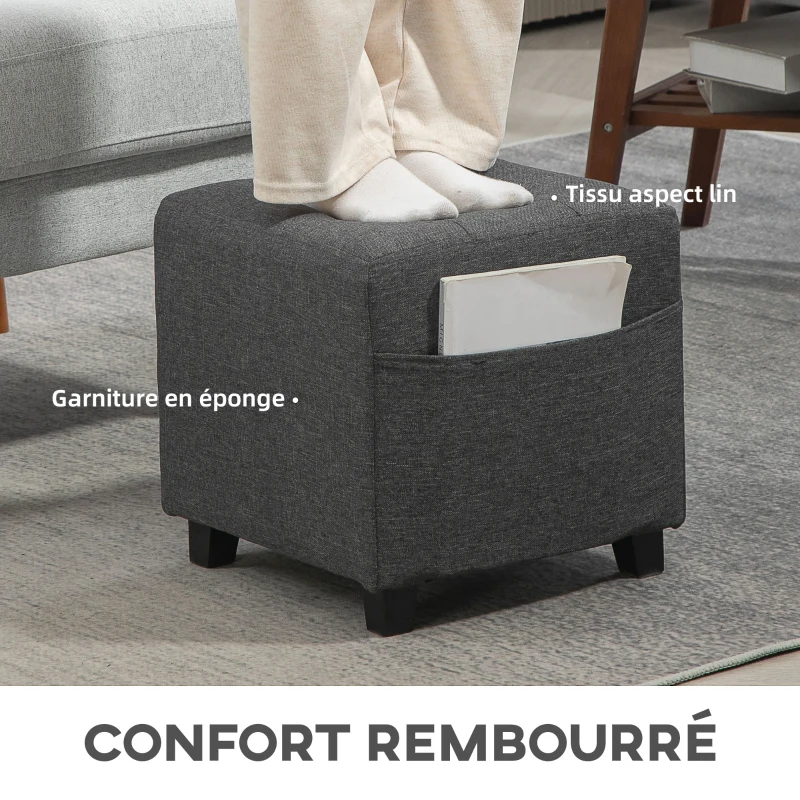HOMCOM Repose pied salon, ottoman, siège rembourré capitonné en tissu aspect lin avec poche latérale, 35 x 35 x 35 cm, gris