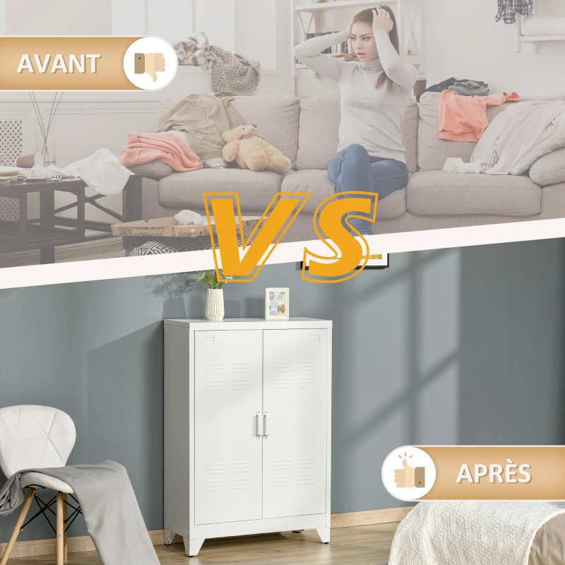 HOMCOM Armoire de bureau à 3 niveaux meuble de rangement bureau métallique 2 portes étagères réglables 75 x 33 x 110 cm blanc