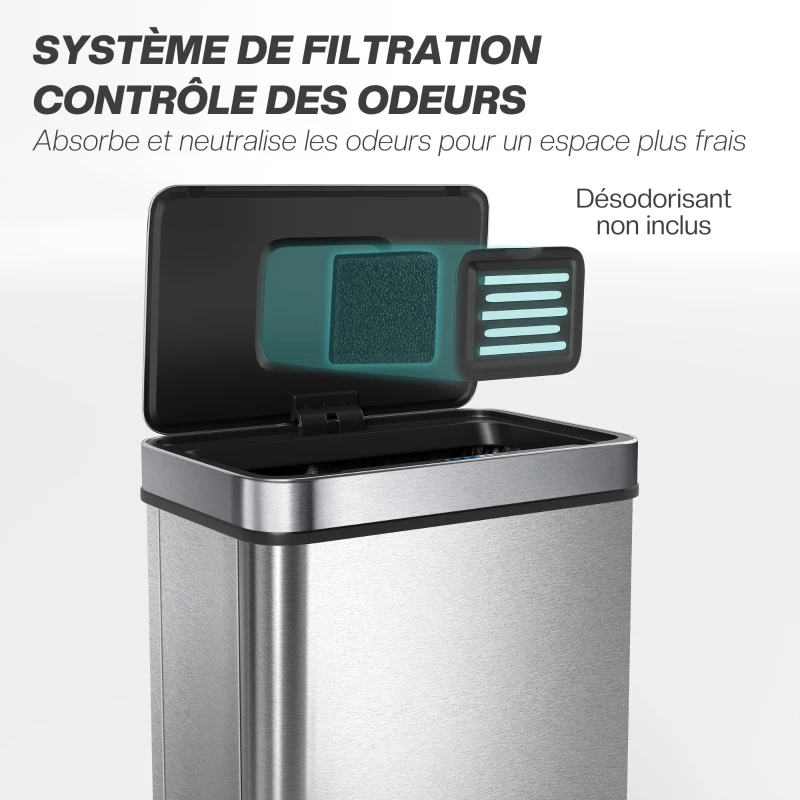 HOMCOM Poubelle à capteur 60 L avec couvercle à fermeture douce, poubelle de cuisine automatique en acier inoxydable, argenté