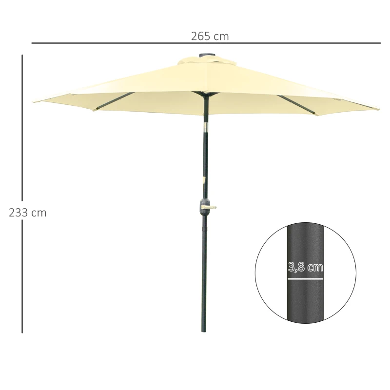 Outsunny Parasol de Jardin Extérieur Rond Ø 265 cm, Lumières LED Solaires, Manivelle Inclinable, Mât en Acier, 8 Baleines, Beige