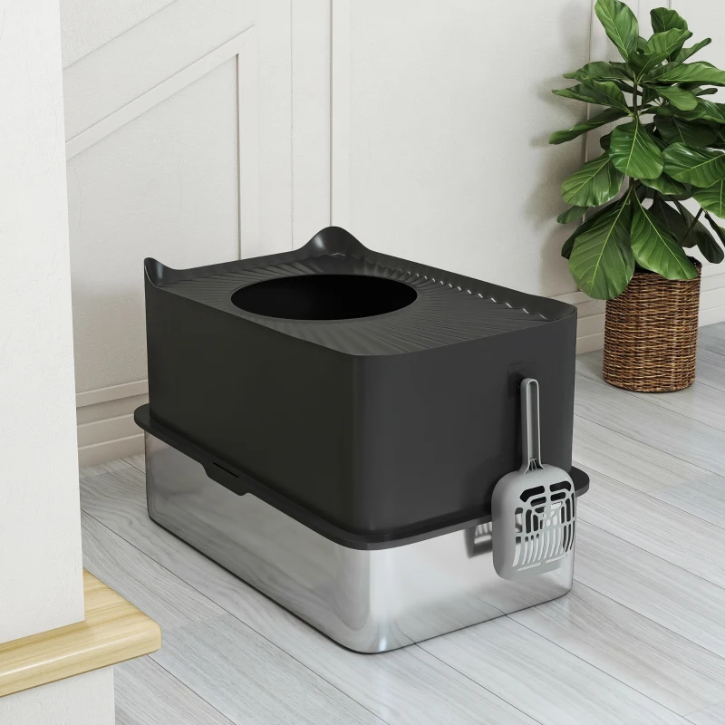 PawHut Bac à litière pour chat en acier inoxydable 85L grande capacité maison de toilette semi-fermée, 60 x 40 x 38 cm noir
