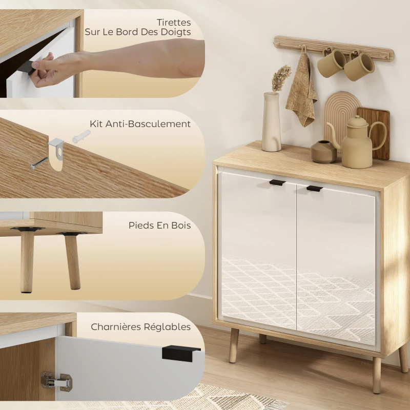 HOMCOM Buffet à haute brillance, meuble de rangement avec double porte, étagère réglable, 72 x 35 x 77 cm, blanc et chêne