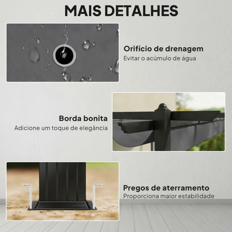 Outsunny Pérgola de Jardim 4x3 m com Telhado Retrátil Estrutura de Alumínio UPF30+ Orifícios de Drenagem Cinza
