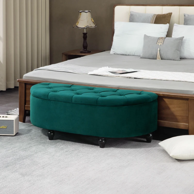 HOMCOM Pouf de Rangement Coffre 2 en 1 - Pouf capitonné Demi-Cercle - Pieds Bois hévéa Noir revêtement Velours vert